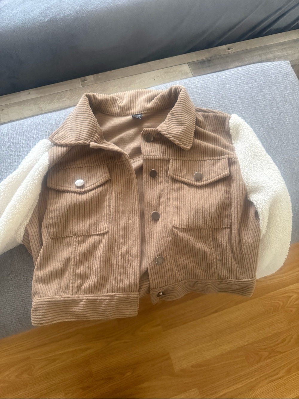 SHEIN Tan Corduroy Trucker Jacket with Cream Sherpa Sleeves